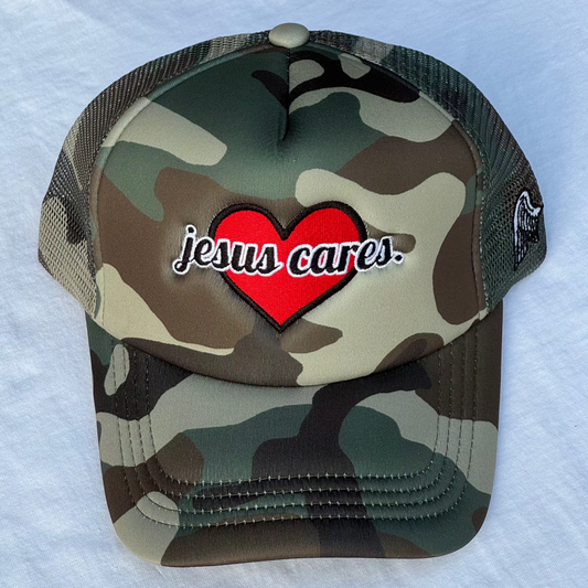 (Camo) Jesus Cares Trucker Hat