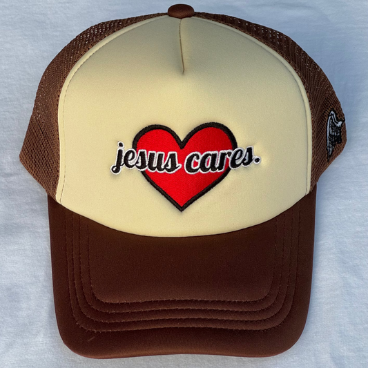 (Brown) Jesus Cares Trucker Hat